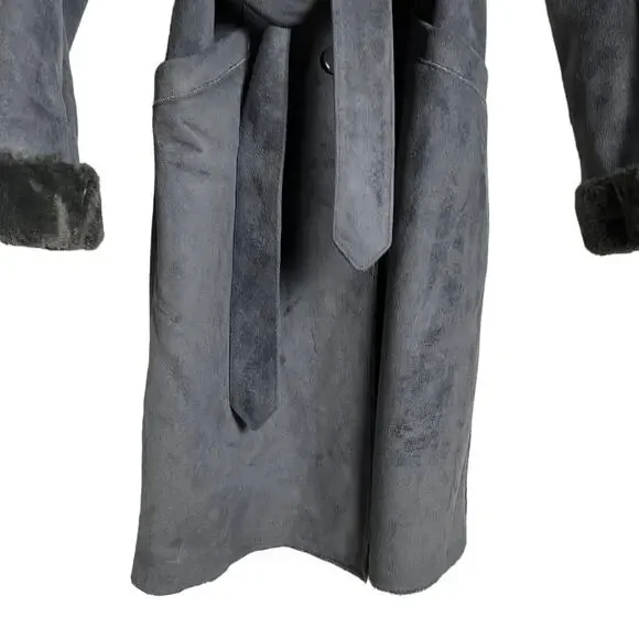 Balmain Authentic Gray Faux Fur Lined Faux Suede Belted Winter Coat Size Small